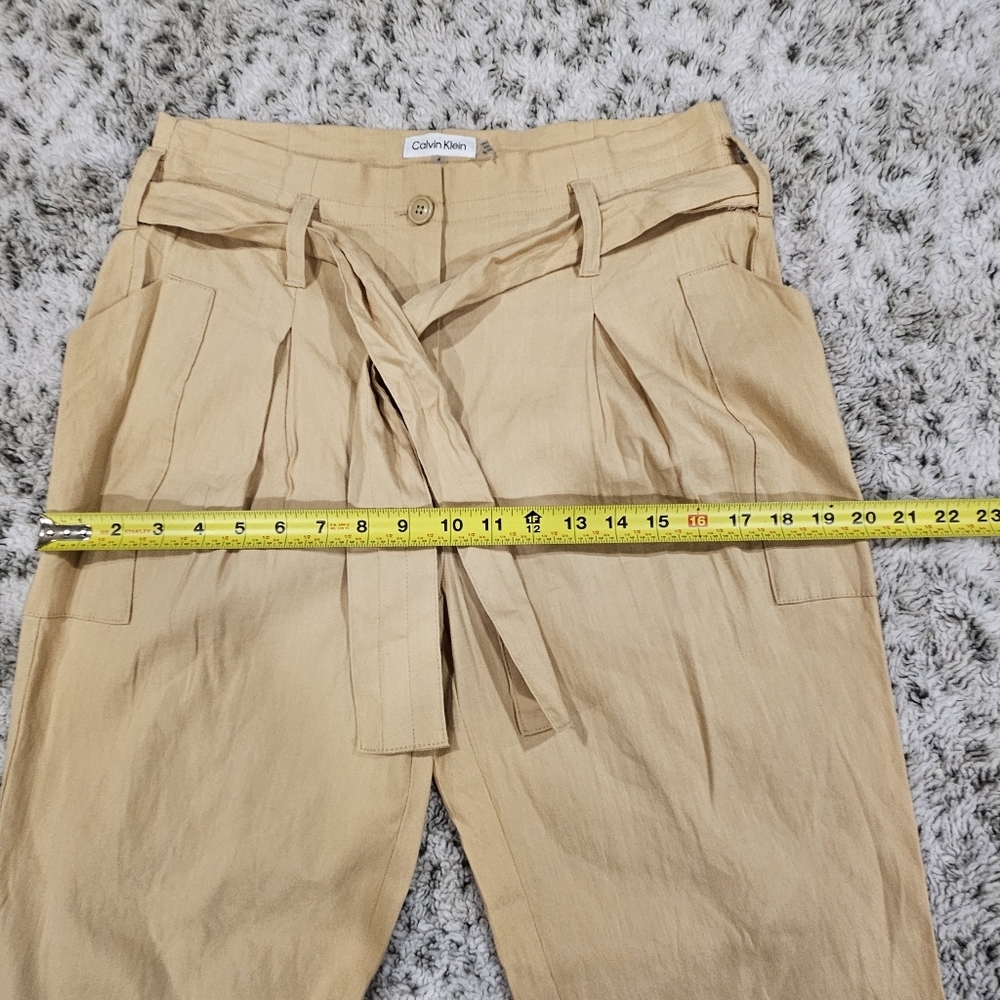 Calvin Klein SZ 4 Tan Belted Paperbag Pleated Linen Blend Pant Utility Pockets - Picture 7 of 12